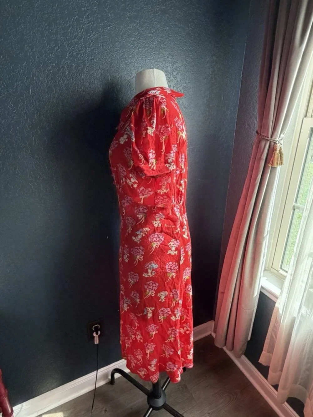 Anna Sui Berard Vintage Tomato Red Floral Dress Sz 6 Short Sleeve 40s inspired - Picture 9 of 12